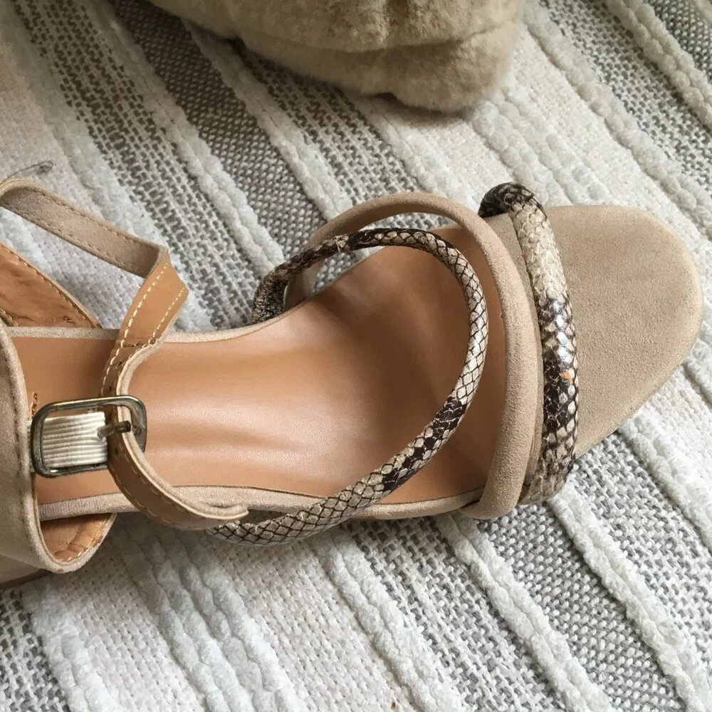 Beige Suede Block Heel Sandals with Snakeskin Straps